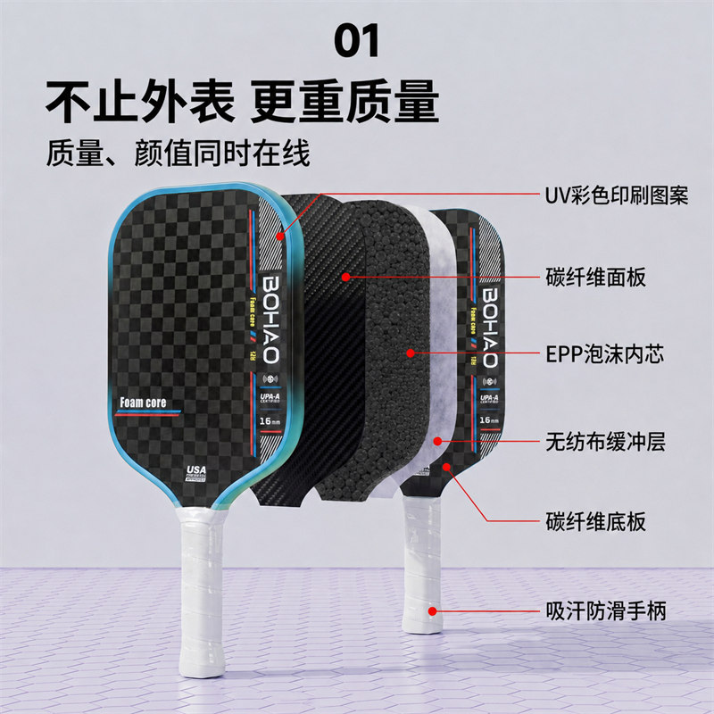 廣東博皓匹克球拍源頭廠家直銷Bohao專業(yè)匹克球拍12K碳纖維USAPA認證攻防兼?zhèn)淠信ㄓ闷タ伺妮p質(zhì)高彈 支持個性化定制 -2